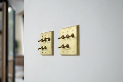 フタガミ スイッチ 真鍮 ２連 ２トグル + LED調光器（左）＋白熱灯調光器（右）